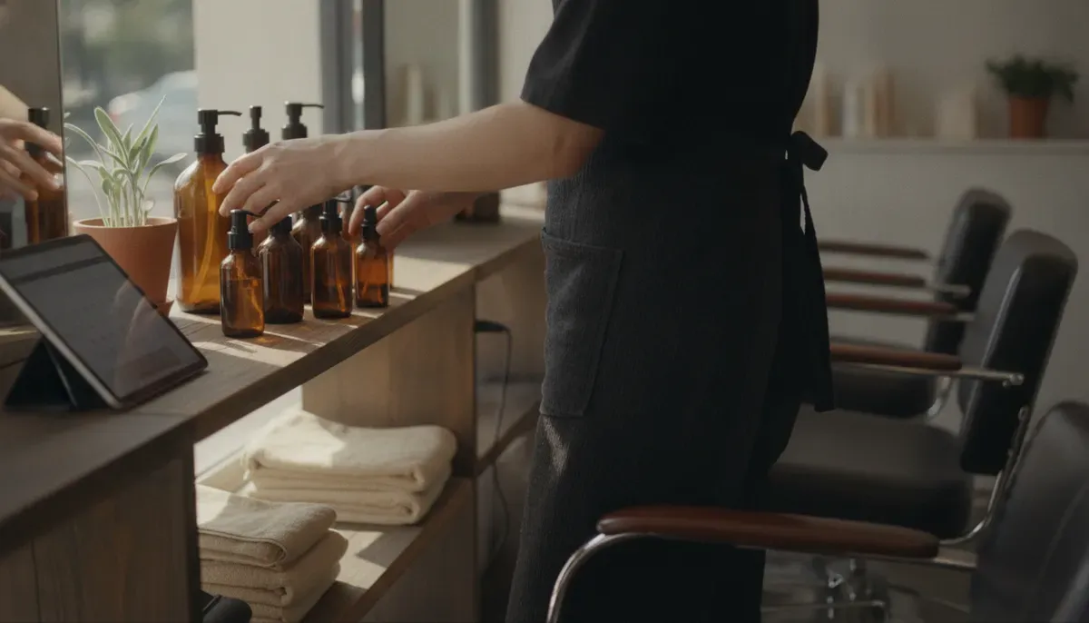 Cabeleireira organizando frascos de produto numa prateleira de madeira, com tablet mostrando agenda ao lado, luz natural de janela